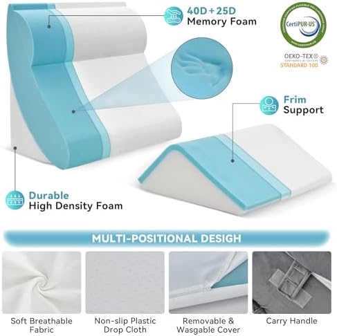 Kingfun 4PCS Orthopedic Bed Wedge Pillow Set for Sleeping, Post Surgery Memory Foam Support Pillows for Back, Neck and Leg Pain Relief, Adjustable Triangle Pillow - Acid Reflux, Anti Snoring & GERD