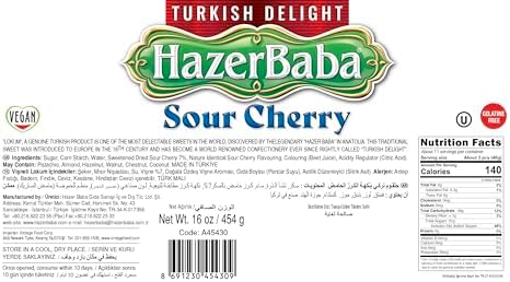 Hazer Baba Turkish Delight Candy, Sour Cherry Flavored, 16oz (Pack of 1), Gourmet Snack Box, Traditional, Vegan Snack, Turkish Lokum, Unique Sweets, Loukumi, Delicias Turcas, Halal, Kosher