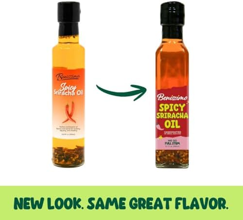 Benissimo Spicy Sriracha Infused Oil – Chili & Garlic Herb Oil, Vegan All Natural Cooking Oil for Stir Fry, Sautéing & Drizzling, Medium Heat, 8.45 fl oz