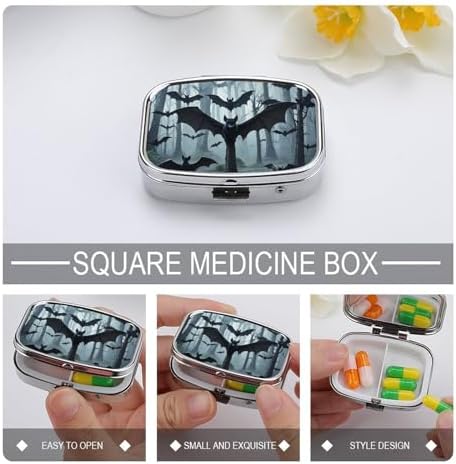 Square Pill Box Purple Black Goth Spooky Bat Pill Case 2 Compartment Medicine Pill Organizer for Purse & Pocket Portable Travel Pillbox Medicine Vitamin Cod Liver Oil Storage Box Organizer