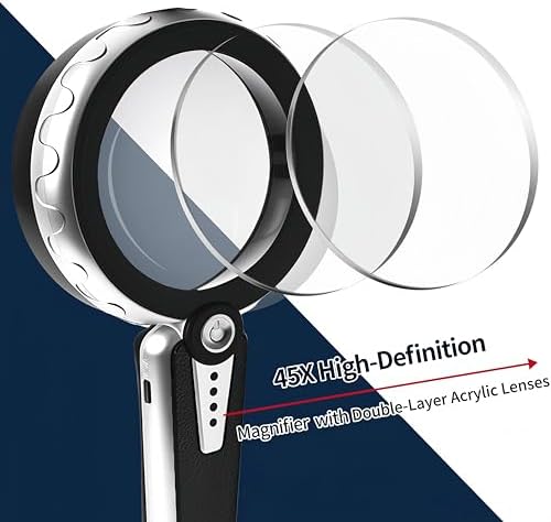 45X Magnifying Glass with Light, 4.6 Inch 1200mAh USB Rechargeable Large Handheld Magnifier, 6 Color Modes, Perfect for Low Vision Seniors, Macular Degeneration & Fine Print (Black)