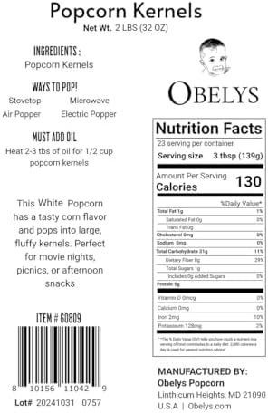 White Popcorn Kernels - 2 lbs | Non-GMO, Gluten-Free, and Perfect for Popping Machines, Stove Tops, or Air Poppers | Ideal for Families and Movie Nights