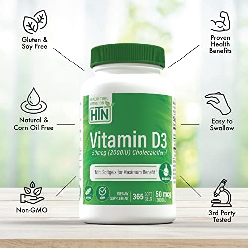 Health Thru Nutrition Vitamin D3 2000iu 365 Mini Softgels for Maximum Benefits | Year Supply | 50mcg Cholecalciferol | 3rd Party Tested | Non-GMO USP Grade in EVOO | Immune Health Support