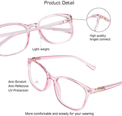 VisionGlobal Blue Light Blocking Glasses for Women Men, Square Frame Computer Reading Glasses(Clear Pink,+2.00 Magnification)