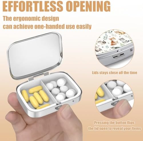 Pill Box-2 Compartment Small Pill Case Square Organizer Case with Mirror Portable Metal Medicine Box Travel Container for Pocket & Purse Women Men(Cat Lover)