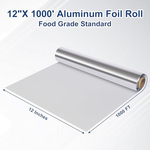 Aluminum Foil Standard 12 inch Wide, 1000 FT Food Safe Foil Wrap for Cooking, Baking, Grilling, Food Service Pony Packaging Aluminum Foil Roll (12"x1000', Standard-4 Count)