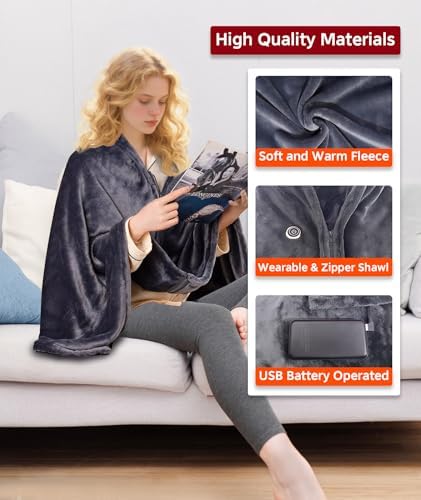 Portable USB Heated Shawl Wraps for Women Men, Heated Shawl Blanket Cordless with 11 Heating Zones, Heated Blanket Throw with Battery Wearable Heated Poncho Shawls