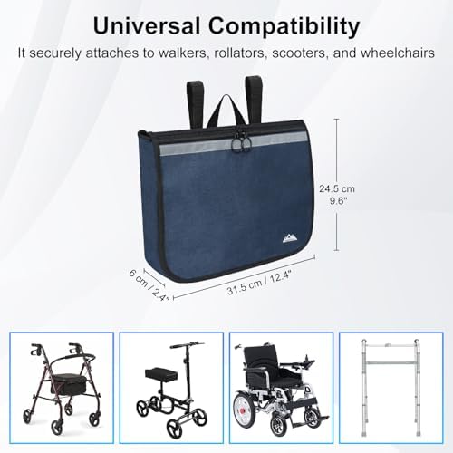supregear Wheelchair Carry Bag - Accessories Pouch for Rollator, Walkers, Power Wheel Chairs and Knee Scooters - Side Armrest Storage Organizer for Elderly Seniors - Lightweight Portable Travel Tote