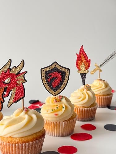Confetti! 12PCS Dragon Cupcake Toppers – Glitter Medieval Fantasy Birthday Decorations, Enchanted Forest Fairy Tale Party Supplies for Kids & Adults (Cupcake Toppers)