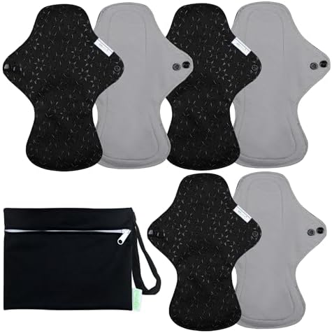 wegreeco 6 Pcs Reusable Menstrual Pads, Ultra Absorbent Cloth Pads for Heavy Flow, Sanitary for Teens, Women, Nonslip, Grey Inner, Black Outer, Medium