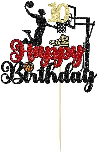 1Pc 10th Birthday Basketball Cake Topper Glitter Basketball Sports Theme Cake Pick for Baby Shower 10th Birthday Cake Decorations Party Supplies Black