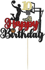 1Pc 10th Birthday Basketball Cake Topper Glitter Basketball Sports Theme Cake Pick for Baby Shower 10th Birthday Cake Decorations Party Supplies Black