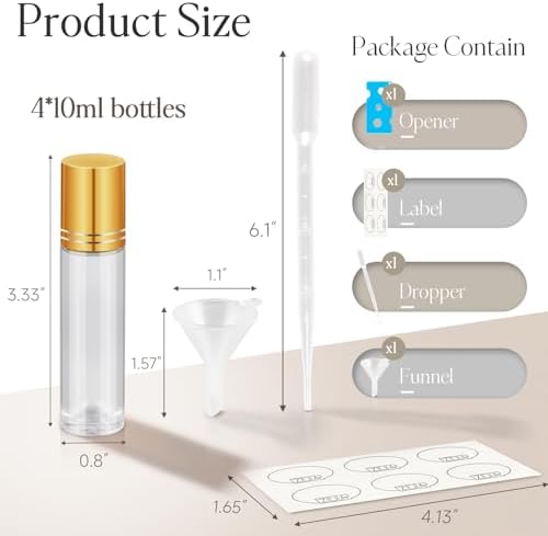 ZEJIA 10ml Roller Bottles for Essential Oils, 4 Pack Glass Roll on Bottles, Refillable Perfume Bottle, with Stainless Steel Roller Balls, 2 Droppers, 1 Opener, Labels (Clear)