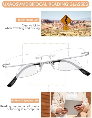 Bifocal Reading Glasses For Women Fashion,Photochromic Rimless Presbyopia Glasses Men-Anti UV/Blue Light