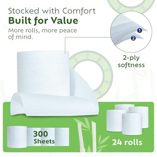 Bamboo Toilet Paper, Septic Safe Toilet Paper 2 Ply 24 Rolls 300 Sheets Per Roll, Soft Unscented Bath Tissue, RV Safe, Eco-Friendly, Non Chlorine, PFAS Free, Made in Canada