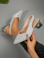 Women's Fashion Rhinestone High Heel Chunky Heel Sandals, Block Heels Slingback Pointed Toe Low Heels, Wedding Party Dress Pumps Shoes with Elastic Laces