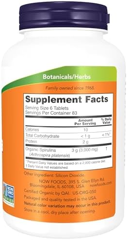 NOW Foods Supplements, Organic Spirulina 500 mg with Vitamins, Minerals and GLA (Gamma-Linolenic Acid), 500 Tablets