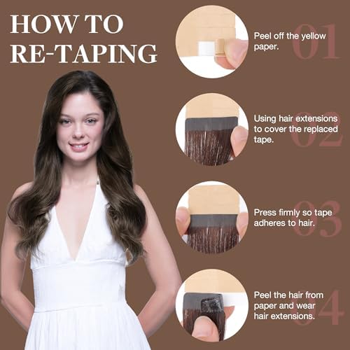 GOO GOO Tape in Hair Extensions Human Hair, 4A Chocolate Brown, 14inch 50g 20pcs, Skin Weft Seamless Invisible, Silky Straight with Thick Ends, Remy Human Hair