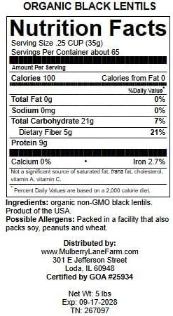 Black Beluga Lentils 5 Pounds Whole USDA Certified Organic, Non-GMO Bulk, Product of USA, Mulberry Lane Farms