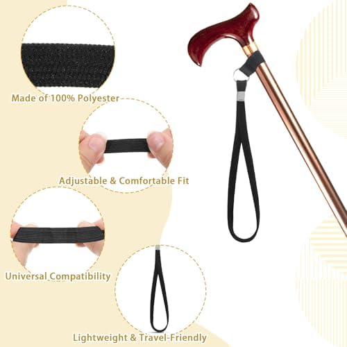 6 PCS Walking Cane Wrist Strap, Black Adjustable Wrist Strap Lanyard Universal Cane Handle Crutch Straps Replacement with Elastic Loop for Foldable Walking Canes or Sticks Elderly Crutches Accessories