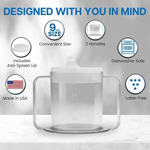 Special Supplies Independence 2-Handle Plastic Mug with 2 Style Lids, Lightweight Drinking Cup with Easy-to-Grasp Handles for Hot and Cold Beverages, Spill-Resistant Adult Sippy Cup (2-Pack)