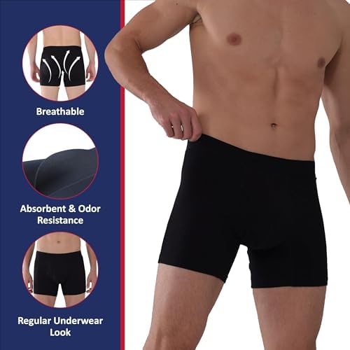 Washable Urinary Incontinence Underwear for Men, 5" Longer Leg Front Absorbent Boxer Brief for Bladder Control (Medium, Black)