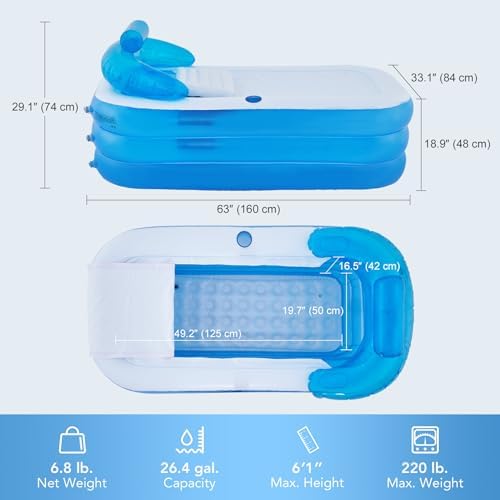 CO-Z Inflatable Bathtub with Electric Air Pump and Bath Pillow Headrest, Portable Blow Up Tub for Adults, Outdoor or Indoor Freestanding Foldable Spa Cover Drainage Hose Cup Holder