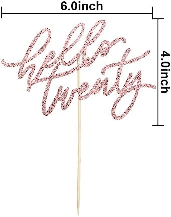 Hello Twenty Cake Topper, Happy 20th Birthday Cake Decorations, Handwriting Script 20th Anniversary Party, Rose Gold Glitter