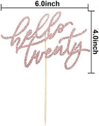 Hello Twenty Cake Topper, Happy 20th Birthday Cake Decorations, Handwriting Script 20th Anniversary Party, Rose Gold Glitter