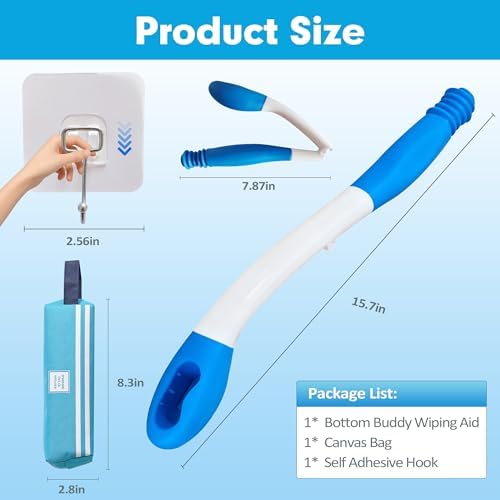 Foldable Butt Wiper Tool, Toilet Aid for Wiping Bottom, 15.7" Long Reach Portable Wiping Aid for Toileting for Home & Travel, with Storage Bag & Hook for Seniors, Pregnant Women, Limited Mobility