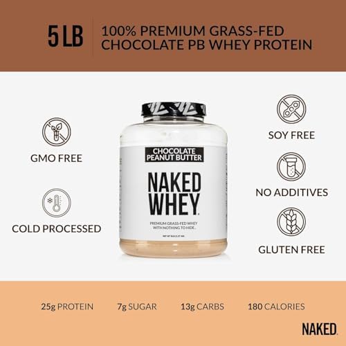NAKED Whey Chocolate Peanut Butter Grass Fed Whey Protein Powder, No GMO, No Soy, and Gluten Free, Aid Growth and Recovery - 52 Servings