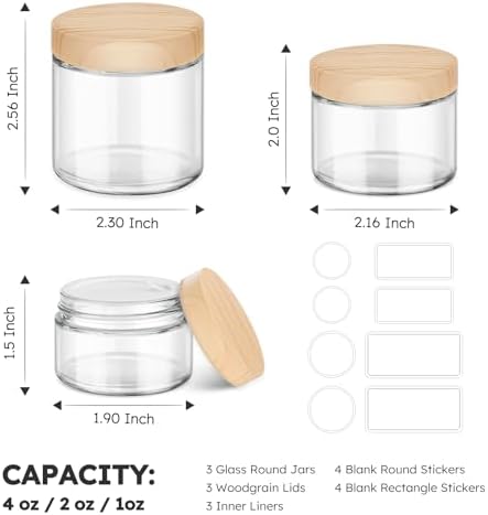 Glass Cosmetic Jars with Plastic Woodgrain Lids, 4 oz, 2 oz 1 oz Small Glass Storage Jars with Lids & Stickers, Reusable Clear Travel Containers for Creams, Lotion, Balms, Ointment 3 pack