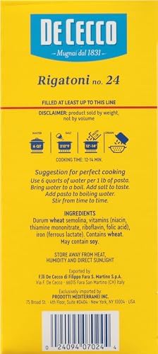 De Cecco Semolina Pasta, Rigatoni No.24, 1 Pound (Pack of 6)