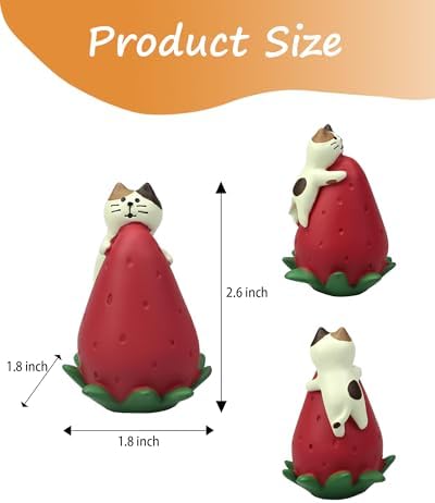 Cute Miniature Cat Figurine Resting on a Strawberry Resin Mini Cat Figures, Kitten Miniature Desk Accessories - Perfect Cute Cat Gift for Cat Lovers