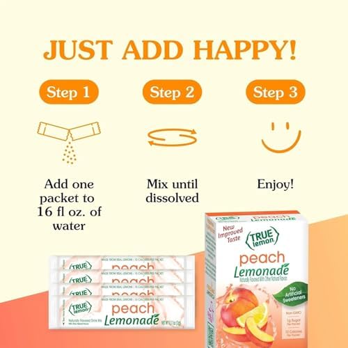 True Lemon Peach Lemonade 10ct (Pack of 1) - Drink Mix - No Artificial Sweeteners, Low Calorie - Powdered Drink Mixes & Flavors - Water Flavor Packets & Water Enhancer with Stevia