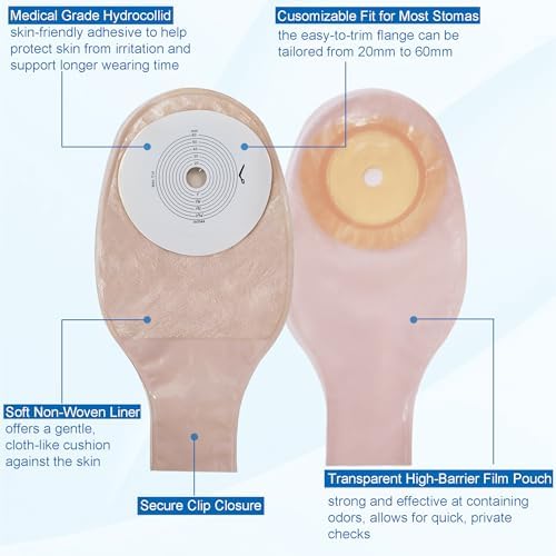 Colostomy Bags, Ostomy Supplies 10 pcs One Piece Ostomy Drainable Pouches Clip Closure for Ileostomy Stoma Care (Cut-to-Fit, Cut Size 15-60mm)