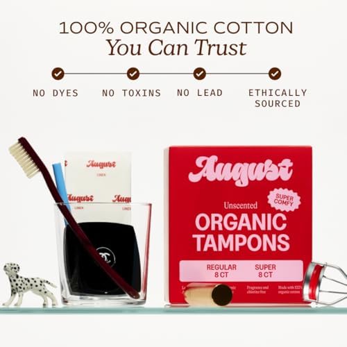 August Super + Regular Tampons - 96-Pack (6 Packs of 16) 100% Organic Cotton Tampons for Women and Anyone Who Menstruates, Non-Toxic, Fragrance-Free, and Hypoallergenic with Long Applicators
