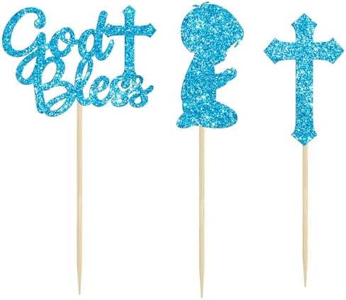 Gyufise 24Pcs Blue Glitter God Bless and Cross Cupcake Topper Boy Babyshower Cake Decorations for Babyshower Boy Baptism Party Decoration Supplies
