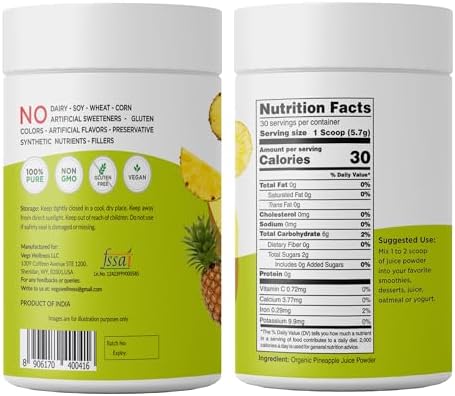 Vegs Pineapple Juice Powder - Freeze Dried Organic Pineapple Powder with Bromelain & Antioxidants - Sugar-Free Cold Pressed Tropical Fruit - Smoothies, Drinks, Cooking, Baking - Vegan, Non-GMO - 6 oz