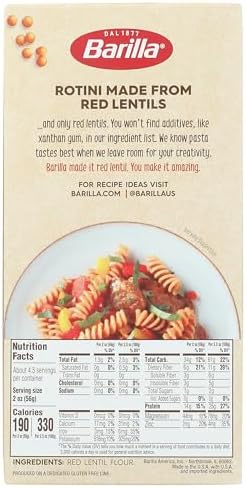 Barilla Red Lentil Rotini Pasta, 8.8 oz - Vegan, Gluten Free, Non GMO & Kosher - Made with Plant Based Protein