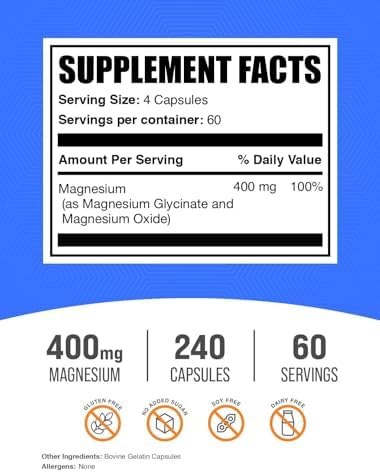 BulkSupplements.com Magnesium Glycinate Capsules - Magnesium Supplement, Highly Absorbed Form - Gluten Free, 4 Capsules per Serving (400mg), 240 Count (Pack of 1)