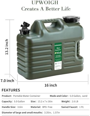 UPWOIGH 5 Gallon Water Jug, Camping Water Container, Truly No Leakage Water Storage with Spigot, Large Military Green Water Tank,BPA Free Portable Overlanding Gear for Outdoors,Hiking