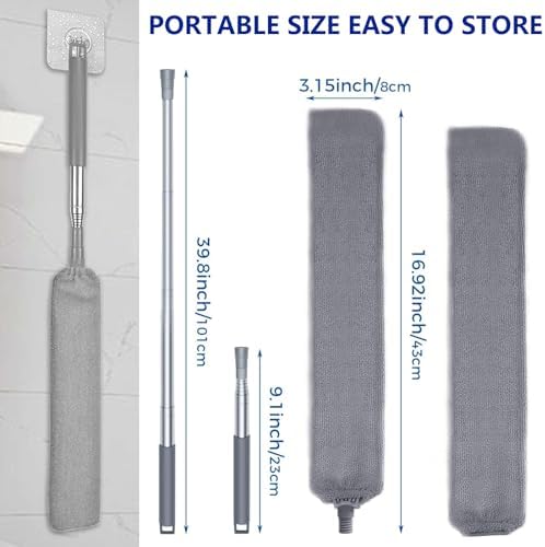 Retractable Gap Dust Cleaner with Extension Pole, Cleaning Tools with 2 Microfiber Dusting Cloths, Washable Extendable Long Handle Gap Dusters for Sofa Bed Furniture Bottom (2pcs Duster Cloths)
