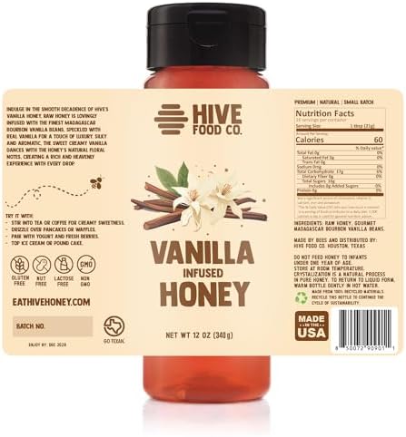 HIVE Food Co. Infused Honey – 100% Pure American Raw & Unfiltered with Gourmet Natural Flavors – Small Batch Artisan Honey in 12oz Squeeze Bottle (12 oz, Vanilla)