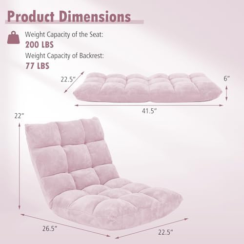 Moccha 14-Position Floor Sofa, Folding Sofa Chair with Back Support, Memory Foam Floor Gaming Chairs for Adults, Adjustable Padded Couch Recliner, Chaise Lounge for Reading, Meditating (Light Pink)