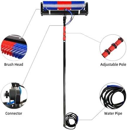 Solar Panel Cleaning Roller Brush, 24FT Adjustable Window Cleaning Brush and Pole, Automatic Solar Panel Brush, Rotating Cleaning Brush, Wash Brush with Lithium Battery and Power Converter
