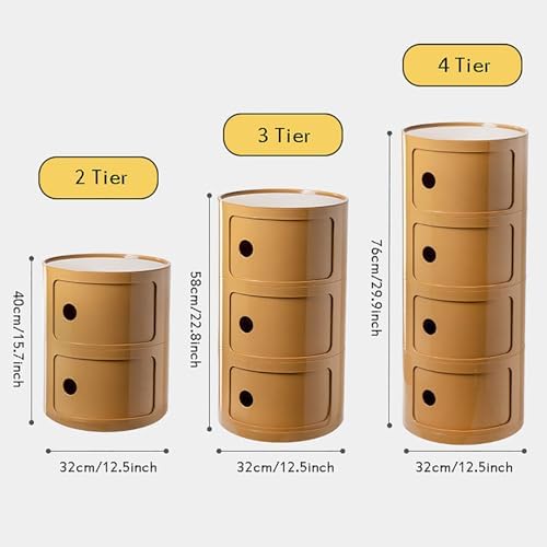Round Nightstand With Drawers, Small Bedside Table With Storage, Cabinet With Sliding Door, Modern End Side Table, Plastic Chest for Living Room Bedroom Bathroom