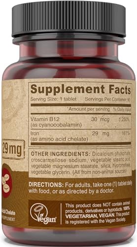 DEVA Nutrition Vegan Chelated Iron 29 mg Fortified with B-12 - High Potency, Easy to Swallow - 90 Tablets, 2-Pack