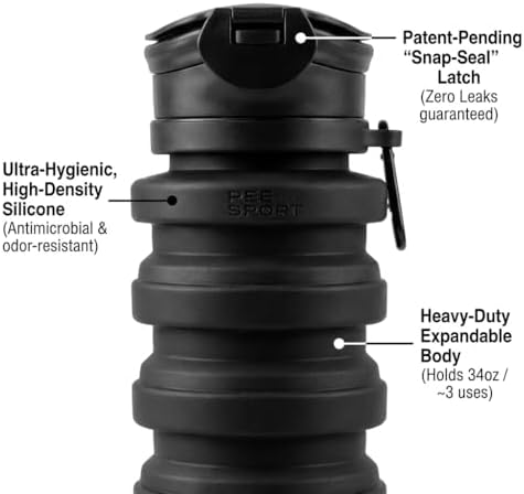 PeeSport Premium Pee Bottle, Portable Urinal for Men & Women, Leakproof Collapsible Silicone Travel Urinal 1000ml, Spill Proof, Car Camping Bedside, Seen on Shark Tank