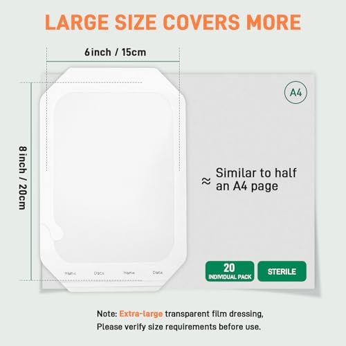 Transparent Film Dressing 6'' x 8'', 20 Packs Clear Waterproof Bandages for Wounds, Large Adhesive Patches Breathable Wound Cover for Post Surgical Shower Swimming Tattoo Aftercare IV Shield